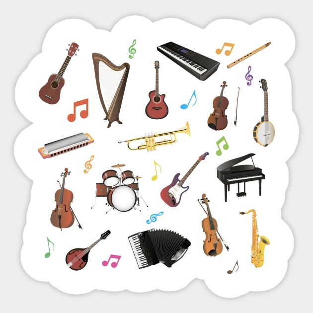 synthesizer harp harmonica mandolin trumpet flute accordeon banjo viola violin electric guitar drums cello ukulele piano Musical Instruments Sticker TeePublic